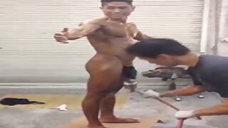 Young bodybuilder tanning