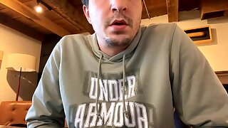 Office white guy takes a risky jerk off in the office and flashes his pink ass hole and then cums his load all over his office desk