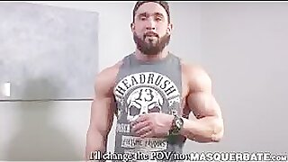 Bearded guy Zack Lemec shows off his muscles during jerk off