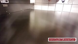 twink risky jerk off in public toilet