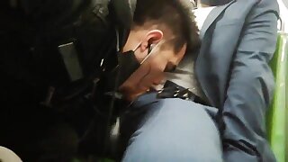 Blowjob for a suited young guy on the train