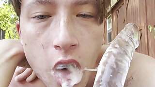 Twink faggot goons and jerks his useless cock